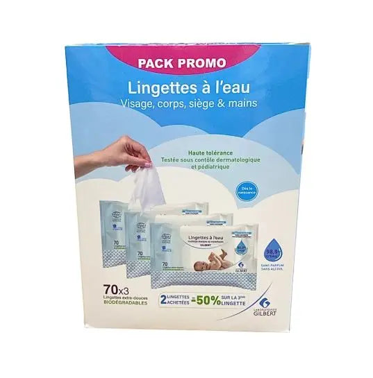 Gilbert Lingettes à l’Eau – Pack Promo 3 × 70 Lingettes Biodégradables