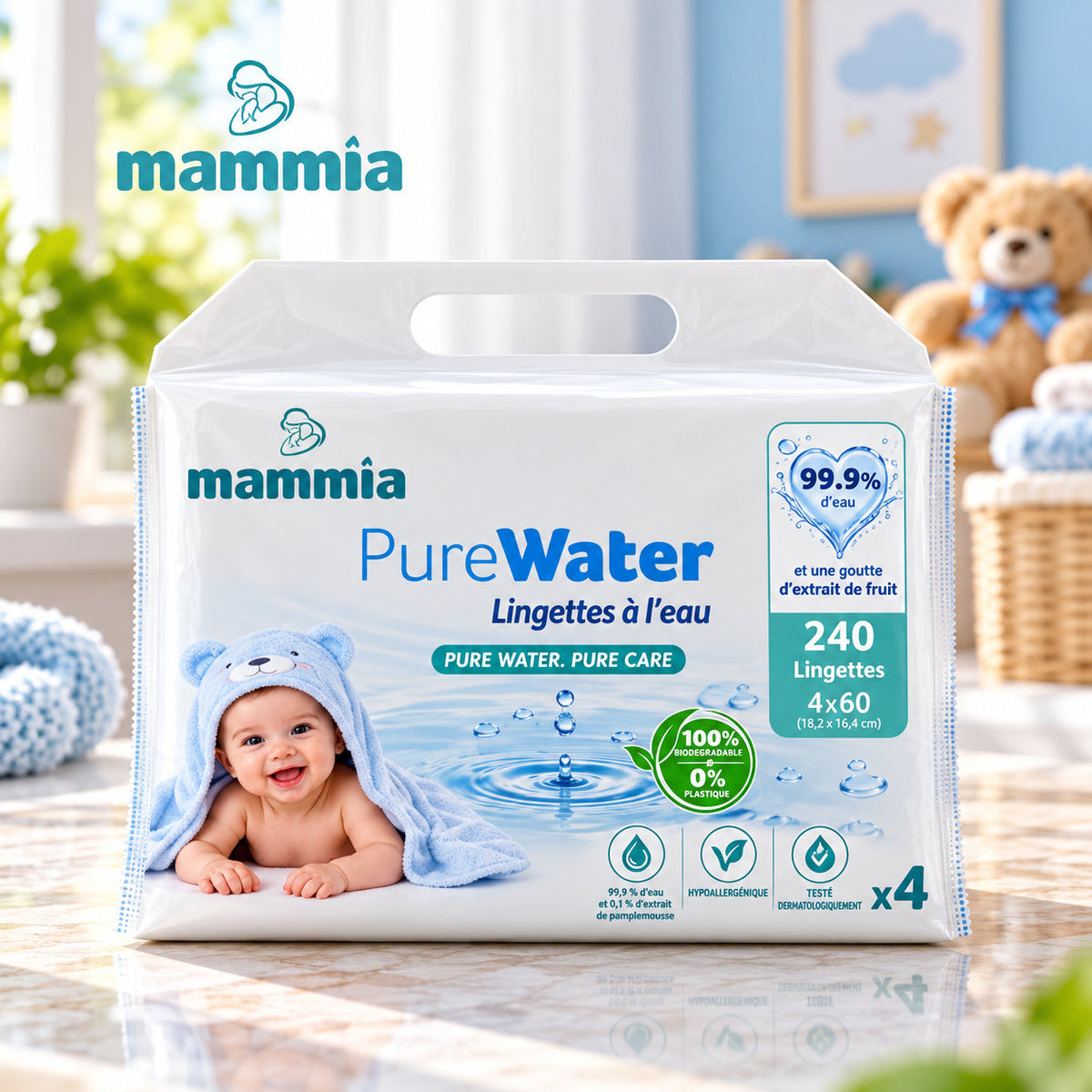 MAMMIA – PureWater Wipes Lingettes Bébé Pack 4 × 60